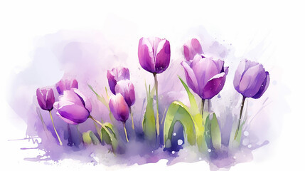 Violet watercolor tulips illustration AI Generative. Generative AI