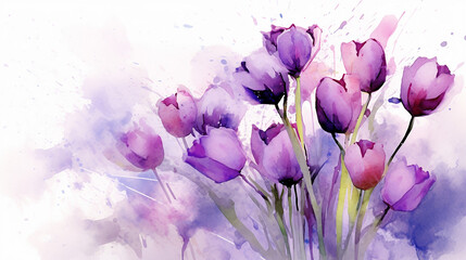 Violet watercolor tulips illustration AI Generative. Generative AI