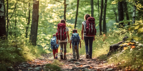 A mother and her children smile happily while wearing backpacks.