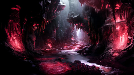 He sees a magnificent waterfall cascading into a ruby-encrusted cave.