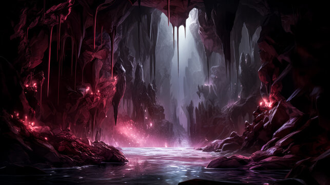 He marveled at the magnificent waterfall cascading inside a glittering ruby cave.