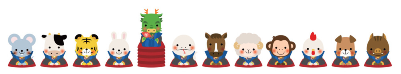 一列に並んだ干支の福助