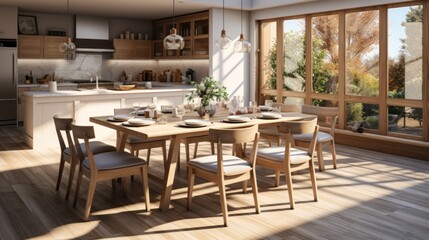 Fototapeta na wymiar Modern kitchen interior design with dining table and chairs