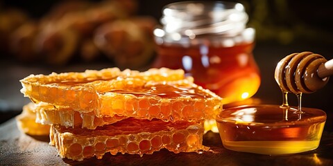 AI Generated. AI Generative. Honey honeycomb desert with wooden stick and glass. Healthy sugar desert. Graphic Art