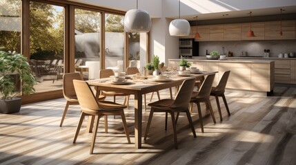 Modern kitchen interior design with dining table and chairs