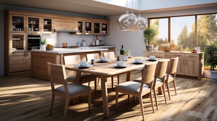 Modern kitchen interior design with dining table and chairs