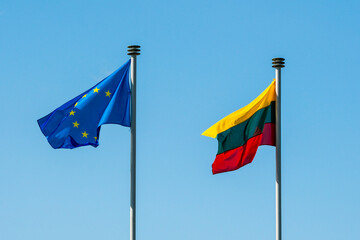 Lithuania flag waving side by side with European Union flag