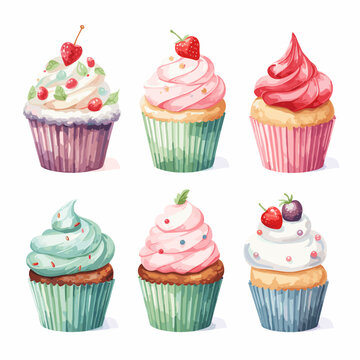 Colorful  Watercolor Holiday cupcakes set vectors 