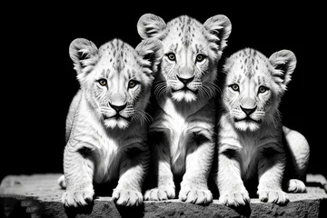Fototapeten black picture of a group of cub lions. created with Generative AI technology © HalilKorkmazer