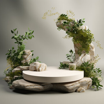 Fototapeta Podium pedestal in tropical forest garden green plant. Nature and Organic cosmetic and food presentation theme. Natural product present placement display, spring summer concept. Generative AI
