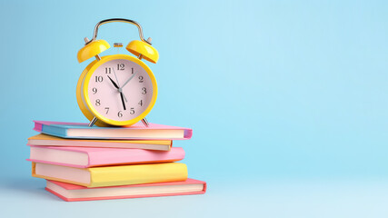 Stack of books with alarm clock on top isolated on blue background. Back to school concept. Illustration in realistic 3D style in pastel colors. AI Generated.