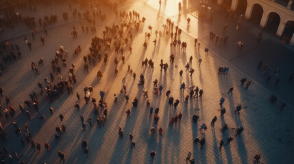 Collective Rhythm: Above View of People Walking in Square. Generative AI