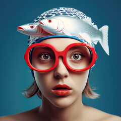 Funny portrait of a young woman with red goggles and swimming cap with fishes - obrazy, fototapety, plakaty