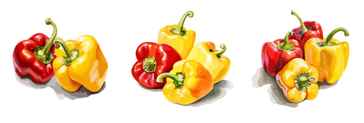 Yellow and red bell pepper, watercolor painting style illustration. Vector set.