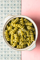 Fusilli pasta with 'Pesto' sauce.
