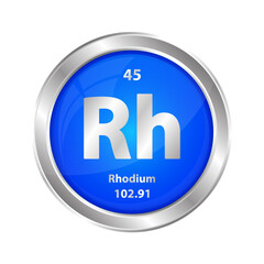 Icon structure Rhodium (Rh) chemical element round shape circle blue. Chemical element of the periodic table. Sign with atomic number. Study in science for education. 3D vector illustration.