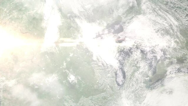 Zoom in from space and focus on Ladysmith, Wisconsin, USA. 3D Animation. Background for travel intro. Elements of this image furnished by NASA