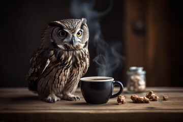 Owl with cup of coffee, Generative AI