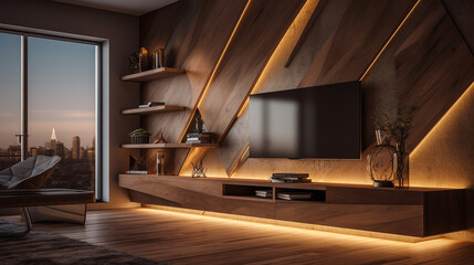 Fototapeta premium Modern wooden TV unit and lighting concept in a television room. Generative AI