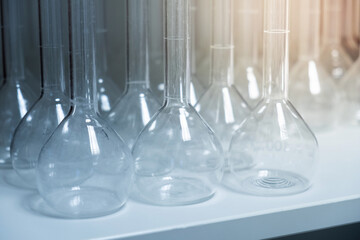 medical glass flasks in the hospital on the table close-up
