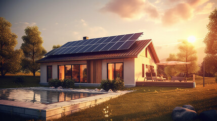 Photovoltaic or solar panels on a detached home with sunset. 