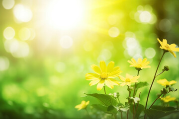 Fototapeta na wymiar Wildflowers in sunlight close-up summer background. Ai generated