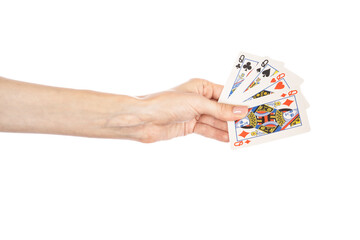 Playing cards in hand isolated on white background
