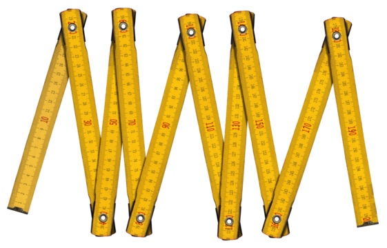 Yellow and orange old wooden folding ruler, meter, isolated on white or transparent background. Png.