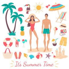 Set of summer beach flat illustrations.  A beautiful girl and handsome guy on the beach, palm trees, tropical cocktails, and other summer beach elements, isolated on a white. Hello Summer icons. 