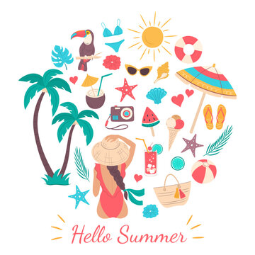 Set of summer beach flat illustrations.  A beautiful girl on the beach, palm trees, tropical cocktails,  and other summer beach design elements, isolated on a white background. Hello Summer icons. 