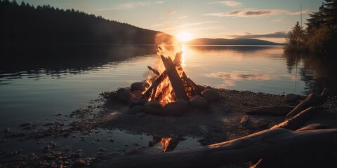 Naklejka premium AI Generated. AI Generative. Outdoor nature wild landscape bonfire campfire camp flame relax chill lake beach side. Adventure trip relax vibe. Graphic Art