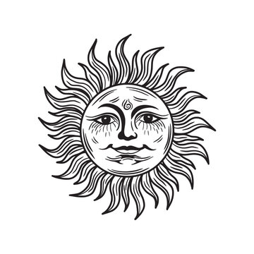 Sun with a face. hand drawing style, engraving illustration