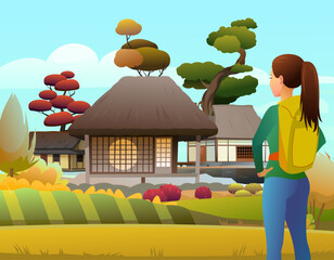 Japanese house. girl with backpack looks ahead. Beautiful garden and orchard. Cartoon style. Vector