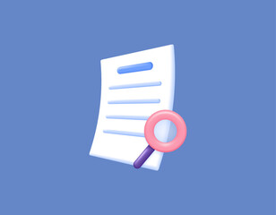 Analysis of documents or files. investigation, search, scan, assessment, review. assignments and exams. a piece of paper and a magnifying glass. symbols or icons. 3D concept design and realistic