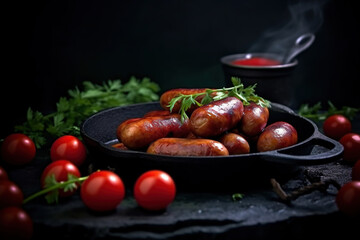 English-style hot dog with pan-fried sauce mixed with vegetables and tomatoes. Appetizing.