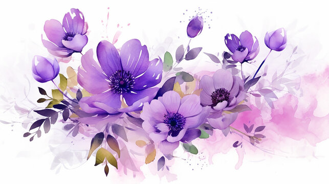  flower background concept  with purple watercolor flowers and leaves.