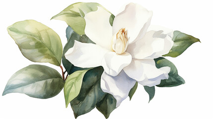 White background with watercolor gardenia flower.  - obrazy, fototapety, plakaty