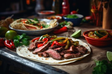 close up shot of fajitas with tortilla on the table. mexican food. Generative AI