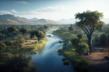 Landscape of Central African Republic with river. Generative AI Art. Beautiful view.