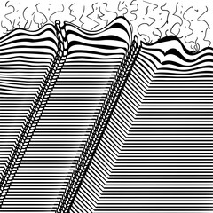 The striped surface with seams distorts towards the top, firing lightning.