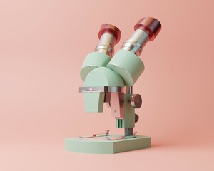 3D Realistic Microscope. Minimal illustration. Pastel green on pink background. Medical Science and Chemistry concept. Pharmaceutical instrument, Microbiology. Magnifying tool. 3d rendering.