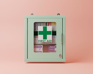 3D First Aid kit green Cabinet with closed door and symbol. Full medical cabinet with medicines and medical equipment. Minimal illustration pink background copy space. Healthcare concept. 3d rendering