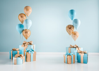 3D interior render with blue and golden balloons, gift boxes. Pastel glossy composition with empty space for birthday, party or product promotion social media banners, text. Poster size illustration.