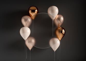 Set of 3d render flying balloons on stick. Dark black and gold background with round transparent glass frame. Empty space for product show, birthday text, holiday congratulation social media banners. 