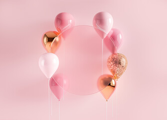 Set of 3d render flying balloons on stick. Pastel pink and gold  background with round transparent glass frame. Empty space for product show, birthday text, holiday congratulation social media banners