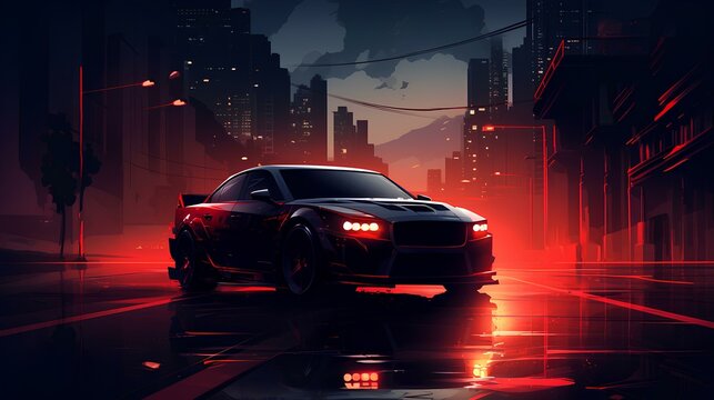 wallpaper sport car and red light and dark background in the city 