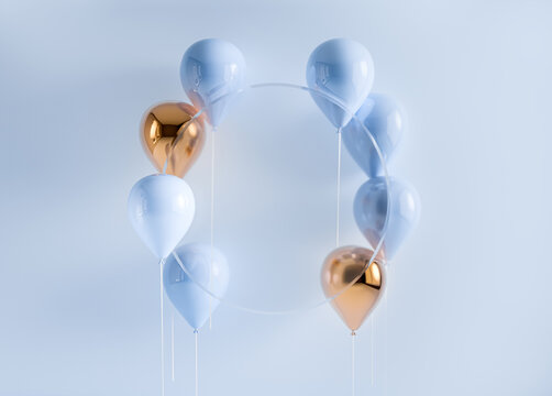 Set of 3d render flying balloons on stick. Pastel blue and gold  background with round transparent glass frame. Empty space for product show, birthday text, holiday congratulation social media banners