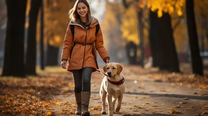 Rolgordijnen woman walking with her dog in autumn  park  © nataliya_ua