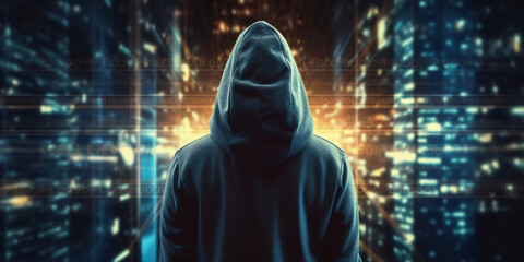 Hacker in the black hood in the server room. Unrecognizable people