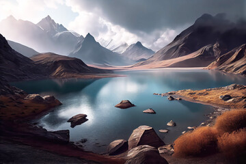 Fototapeta na wymiar Chile landscape with mountains and lake. Generative AI Art. Beautiful view.